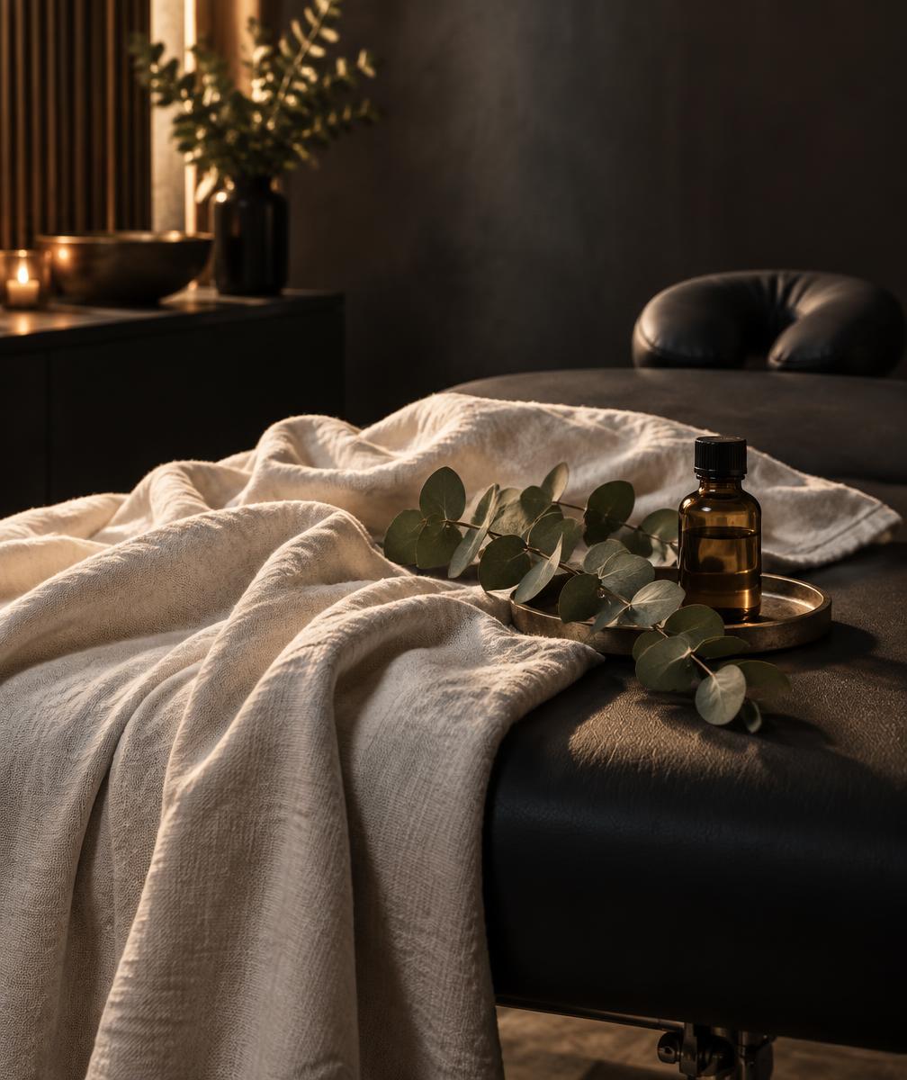 Massageöl und gefaltete Handtücher für die mobile Massage